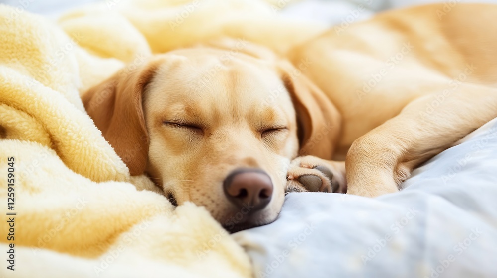 Cute Yellow Labrador Dog Sleeping Comfortably on Cozy Blanket : Generative AI Cute Yellow Labrador Dog Sleeping Comfortably on Cozy Blanket : Generative AI