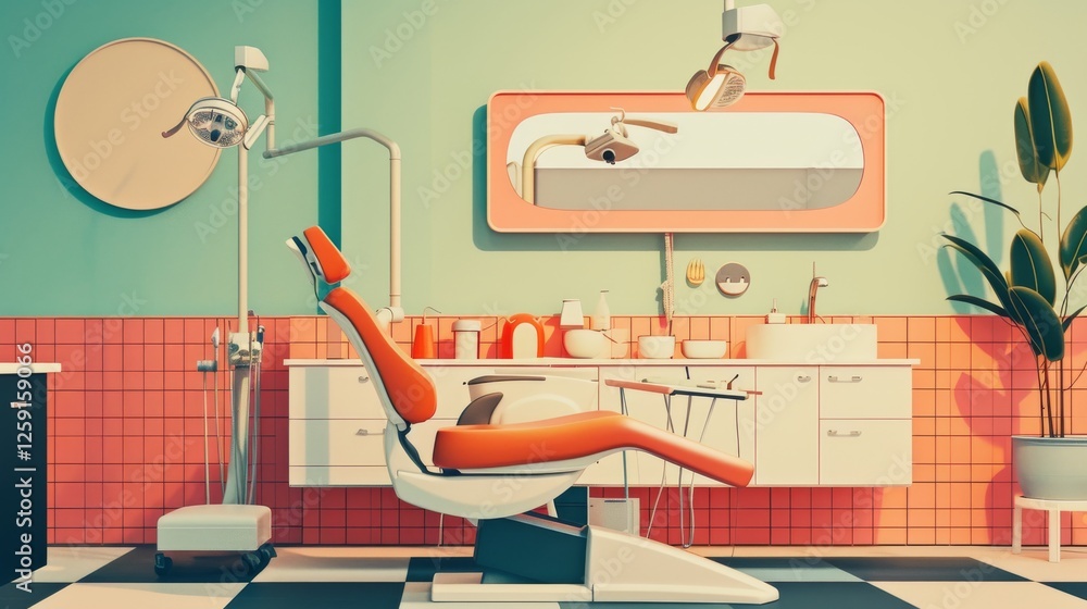 A cozy and stylish dental clinic featuring a retro-inspired interior with soft pastel tones, an orange dental chair, and elegant decor. The atmosphere is warm and inviting. AI generated.