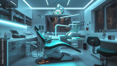 A cutting-edge dental office featuring modern dental chairs, ambient neon lighting, and futuristic medical devices, creating a sleek and high-tech clinical environment. AI generated.