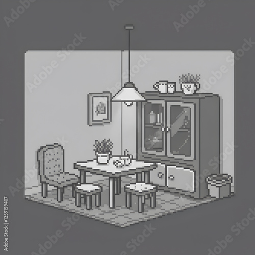 Vintage Minimalist Dining Room Setup with Table, Chairs, and Shelves in Gray Palette