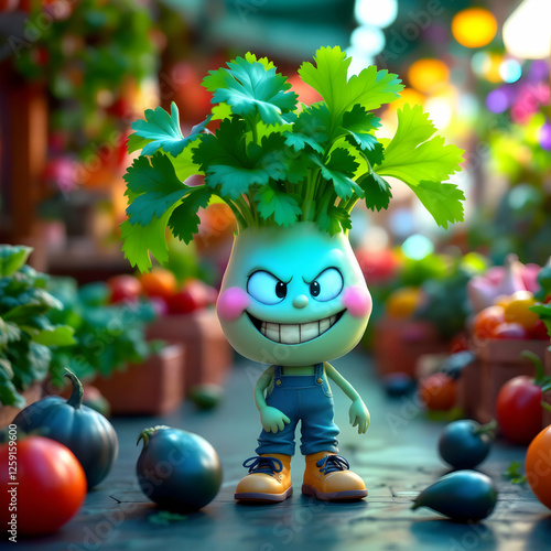 Whimsical Vegetable Character with Green Leaves Smiling in a Colorful Market Setting