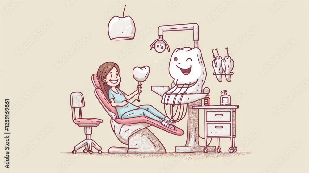 A playful cartoon illustration of a young dentist sitting in a dental chair, interacting with a cheerful anthropomorphic tooth character in a fun and lighthearted dental office scene. AI generated. A playful cartoon illustration of a young dentist sitting in a dental chair, interacting with a cheerful anthropomorphic tooth character in a fun and lighthearted dental office scene. AI generated.