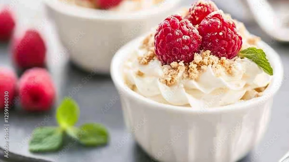 Delicious raspberry dessert topped with fresh berries with whip cream and mint leaves : Generative AI Delicious raspberry dessert topped with fresh berries with whip cream and mint leaves : Generative AI