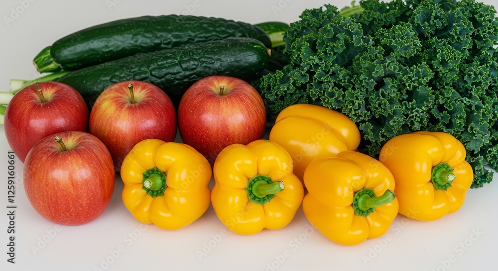 Fresh Produce Still Life Displaying Apples, Peppers, Zucchini, and Kale Fresh Produce Still Life Displaying Apples, Peppers, Zucchini, and Kale