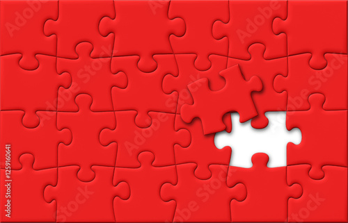 Red Puzzle Pieces Jigsaw with One Last Missing Piece on Top, Off-Centered Background, Vector 3D Effect with Shadows