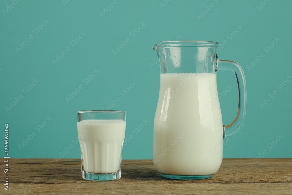 Fresh Milk in Glass and Jug on Wooden Table with Turquoise Background for Healthy Beverage Concept Fresh Milk in Glass and Jug on Wooden Table with Turquoise Background for Healthy Beverage Concept
