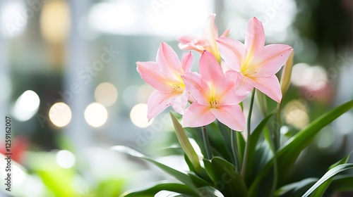 Delicate pink lilies in bright bokeh background showcasing floral beauty and elegance : Generative AI