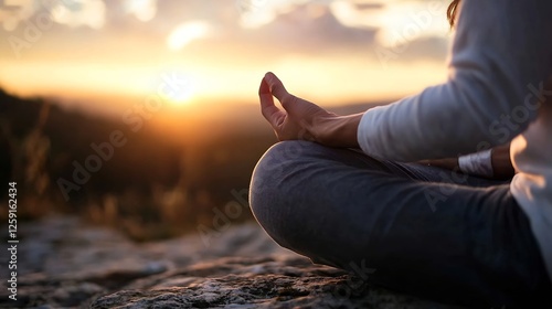 Serenity in Nature during Sunset with Woman Meditating Peacefully in Outdoor Setting : Generative AI photo