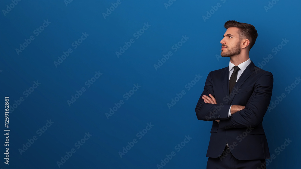 confident business executive standing tall with arms crossed against blue background, exuding professionalism and determination confident business executive standing tall with arms crossed against blue background, exuding professionalism and determination