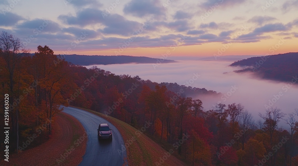 Fototapeta premium Autumn Drive Through Misty Mountain Valley at Sunrise
