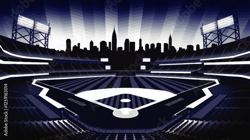 Vector Image of Modern Urban Baseball Stadium with City Skyline Background and Bright Floodlights – Nighttime Sports Venue Art for Event Promotions