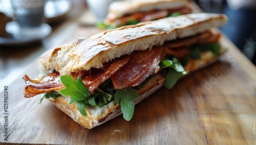 Gourmet bacon sandwich on wooden board with coffee in background photo