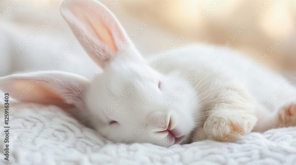 Adorable sleeping white bunny resting peacefully on cozy fabric background : Generative AI Adorable sleeping white bunny resting peacefully on cozy fabric background : Generative AI