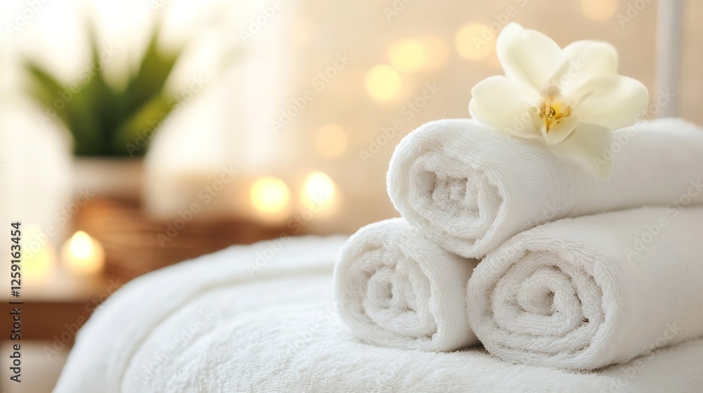 Relaxing spa setting with fluffy towels, soft lighting, and a serene flower accent : Generative AI Relaxing spa setting with fluffy towels, soft lighting, and a serene flower accent : Generative AI