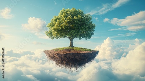 A solitary tree thrives on a floating island amidst the clouds