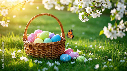 A wicker basket filled with colorful Easter eggs sits on a grassy meadow beneath a blossoming cherry treel, Easte, Happy Easer, Easter Bunny, Easter Sunday