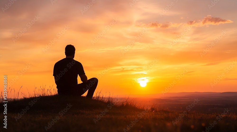 Silhouette of a man sitting on a hilltop watching the sunset creating a peaceful atmosphere : Generative AI Silhouette of a man sitting on a hilltop watching the sunset creating a peaceful atmosphere : Generative AI