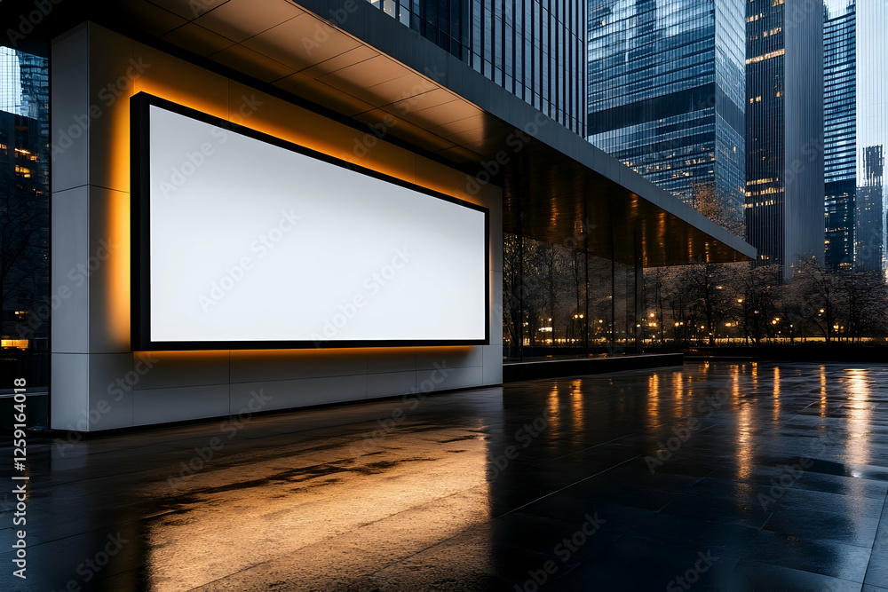 Empty White Billboard on Modern Building Wall with Illuminated City Skyline Background, Urban Advertising Mockup Empty White Billboard on Modern Building Wall with Illuminated City Skyline Background, Urban Advertising Mockup
