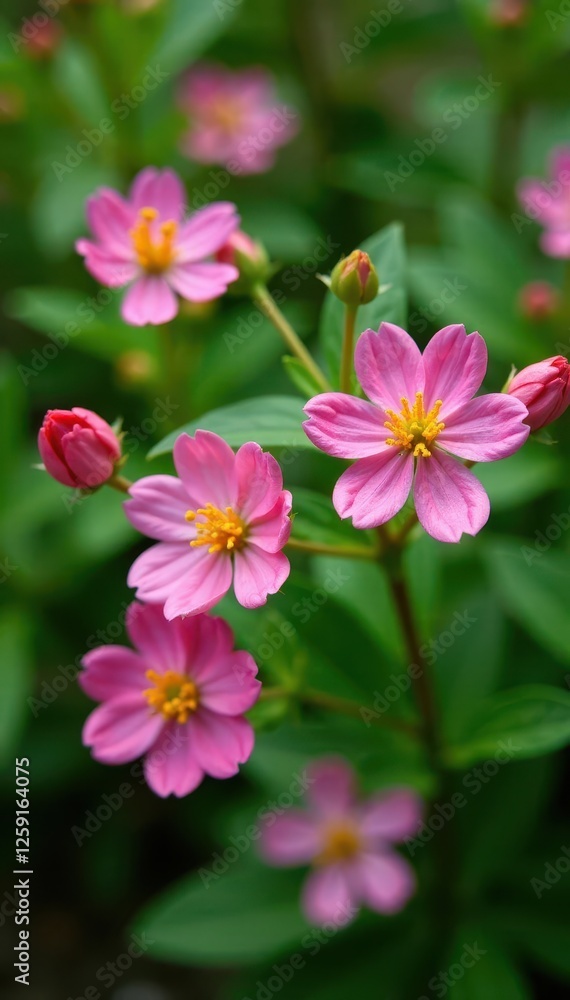 Small shrub with pink flowers and yellow centers in summer, plants, summer, pink Small shrub with pink flowers and yellow centers in summer, plants, summer, pink