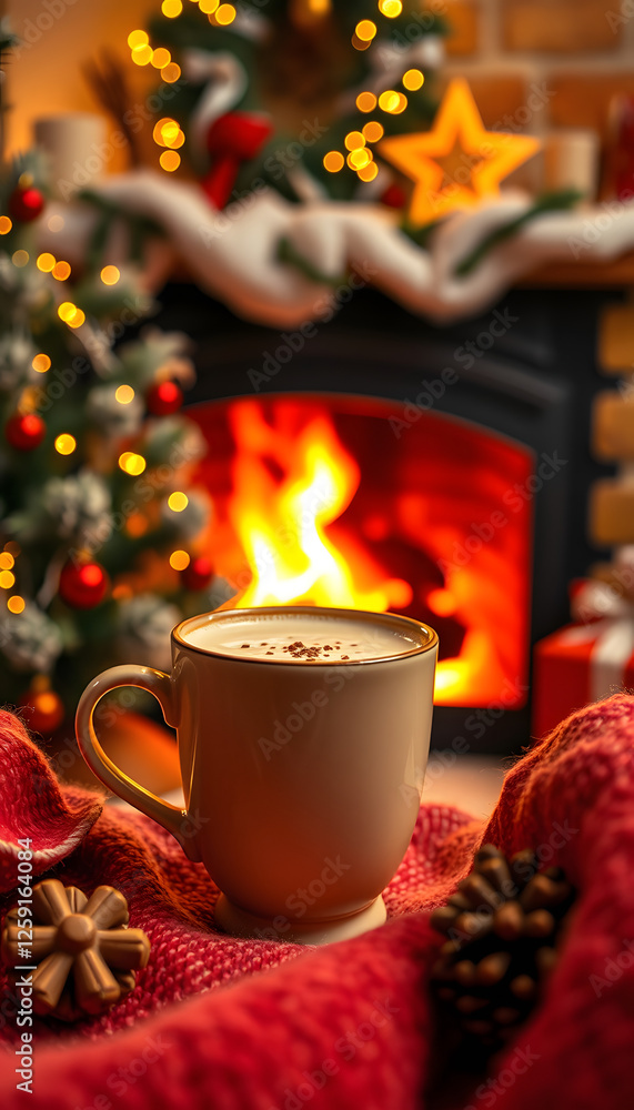 Hot chocolate cup, burning fireplace background. Christmas tree decoration, relaxation by the fire, Paper Cutout style. with white shades Hot chocolate cup, burning fireplace background. Christmas tree decoration, relaxation by the fire, Paper Cutout style. with white shades
