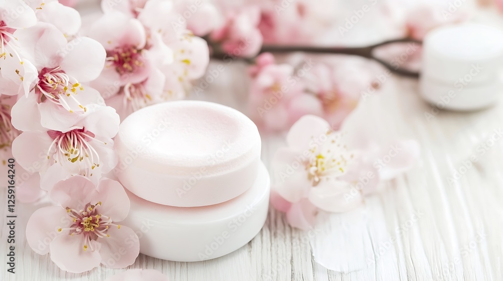 Beautiful Pink Soap Surrounded by Cherry Blossom Flowers on Wooden Surface : Generative AI Beautiful Pink Soap Surrounded by Cherry Blossom Flowers on Wooden Surface : Generative AI