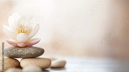 Beautiful tranquil lotus flower resting on smooth stones for spa and wellness concept : Generative AI