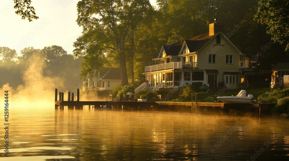 Fototapeta premium Lakeside House at Sunrise Morning Mist