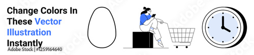 Woman browsing on tablet seated near shopping cart, minimalist egg shape, and clock. Ideal for e-commerce, time management, online shopping, minimalism, digital marketing, convenience flat landing