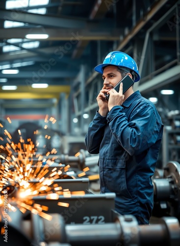 an image of a man in a factory talking on a cell phone, there is a man in a blue hard hat talking on a cell phone photo