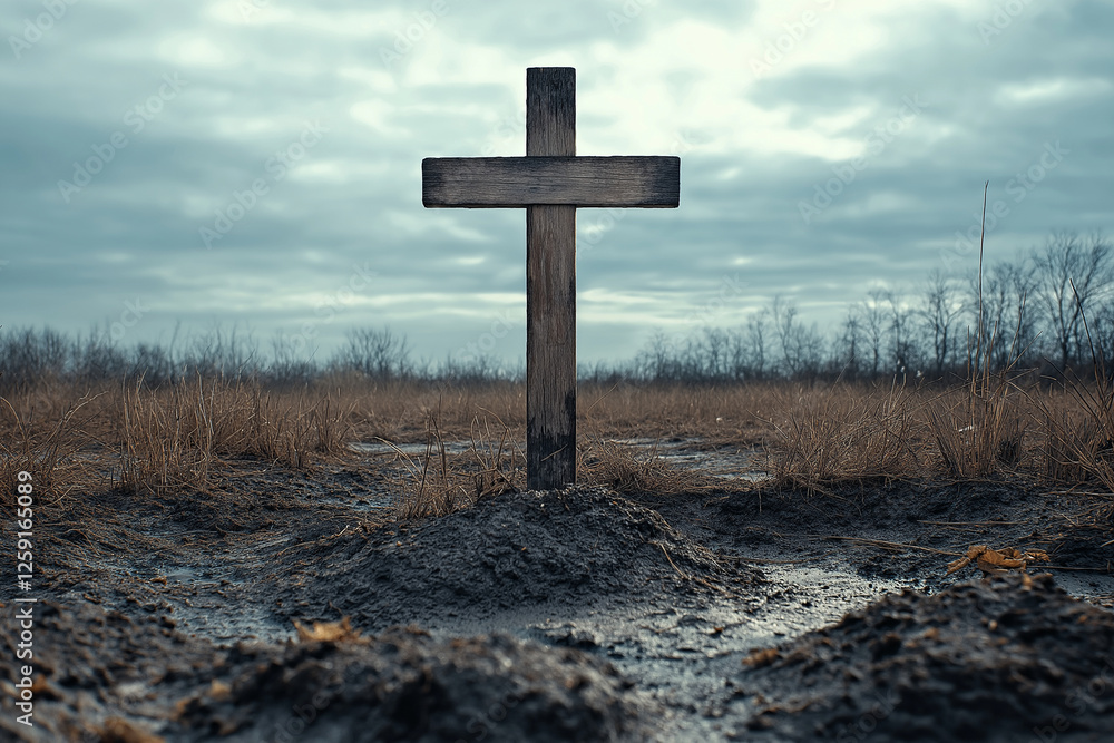 wooden cross stands alone in barren field, surrounded by dry grass and cloudy sky, evoking sense of solitude and reflection wooden cross stands alone in barren field, surrounded by dry grass and cloudy sky, evoking sense of solitude and reflection