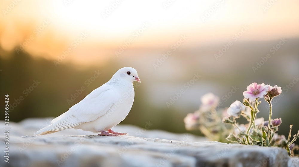 White dove standing gracefully beside flowers in a soft sunset background : Generative AI White dove standing gracefully beside flowers in a soft sunset background : Generative AI