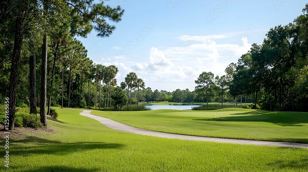Scenic Golf Course Pathway With Lake View Scenic Golf Course Pathway With Lake View