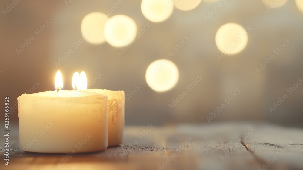Two Flickering White Candles With Soft Glowing Light and Bokeh in the Background : Generative AI Two Flickering White Candles With Soft Glowing Light and Bokeh in the Background : Generative AI