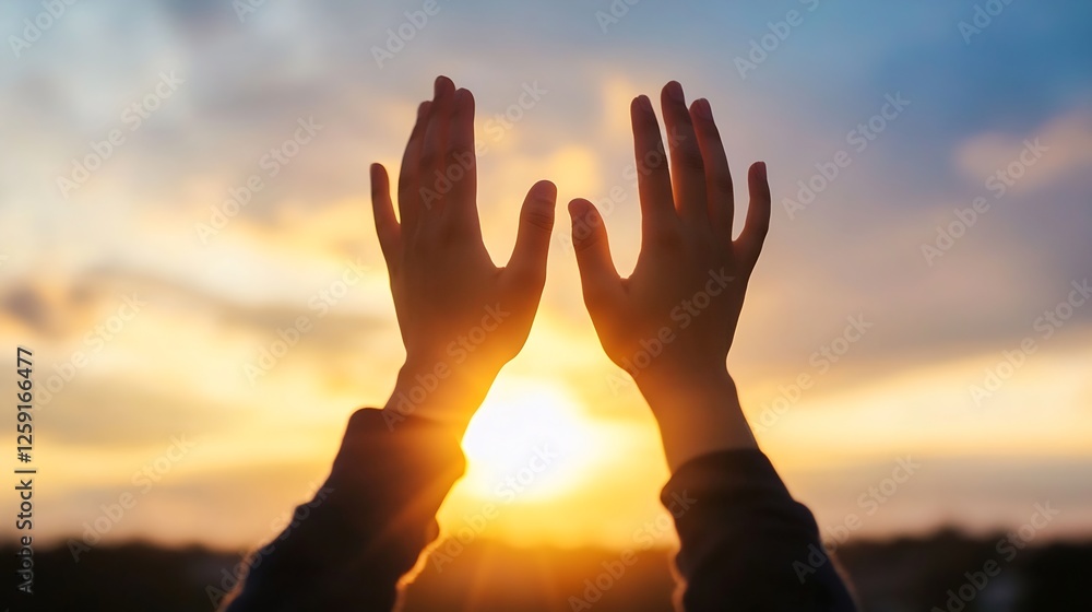 Fototapeta premium Hands Reaching Towards a Bright Sunset Symbolizing Hope and Freedom : Generative AI