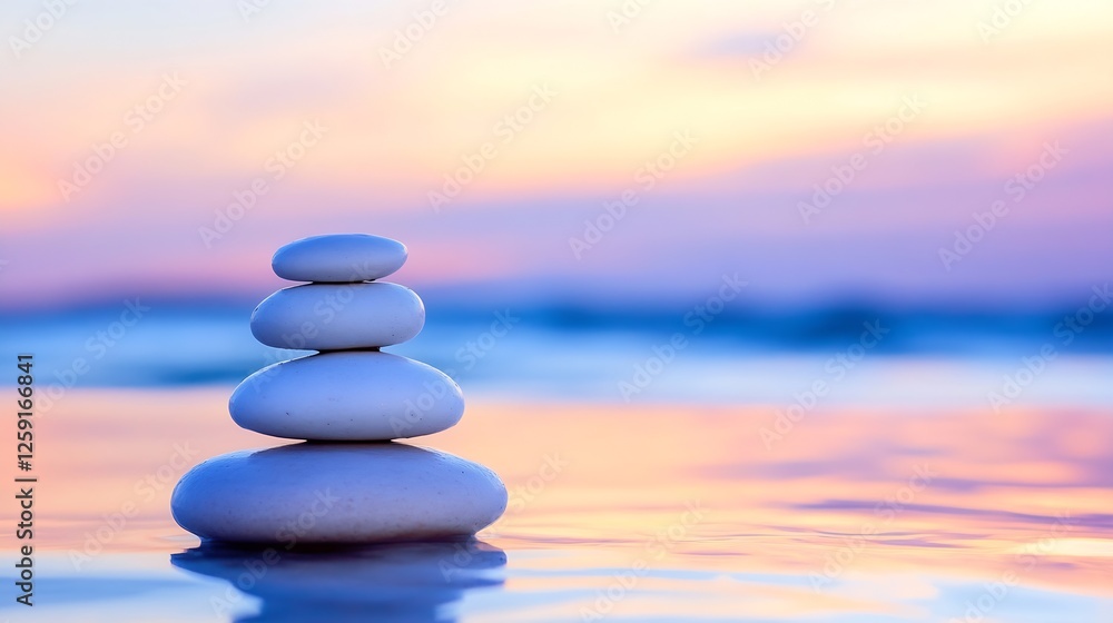 Serene Stack of Smooth Stones Balanced on the Shore at Sunset Reflecting Tranquil Colors : Generative AI Serene Stack of Smooth Stones Balanced on the Shore at Sunset Reflecting Tranquil Colors : Generative AI