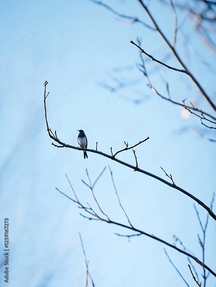 Serene Blue Sky with a Bird Perched on a Leafless Branch in a Calm Nature Scene : Generative AI Serene Blue Sky with a Bird Perched on a Leafless Branch in a Calm Nature Scene : Generative AI