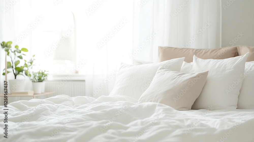 Obraz premium Cozy and inviting bedroom interior featuring soft bedding and natural light from spacious windows : Generative AI
