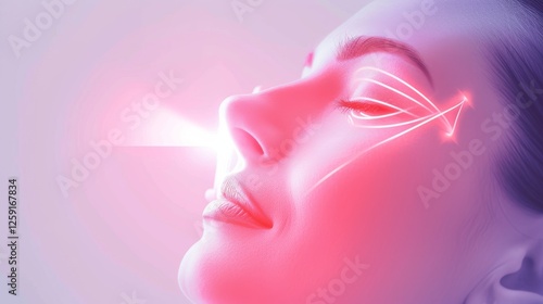 A close-up digital artwork of a woman with soft neon-lit facial enhancements, depicting the intersection of beauty, technology, and artificial intelligence. AI generated.