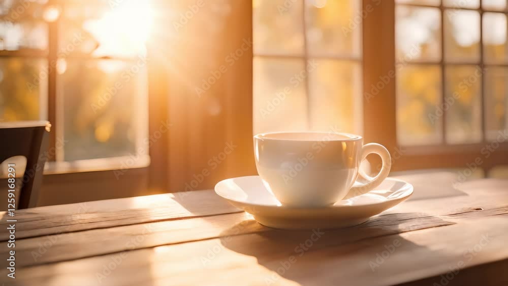 Steam gently rising from coffee cup at home. Morning drink on cafe table Steam gently rising from coffee cup at home. Morning drink on cafe table