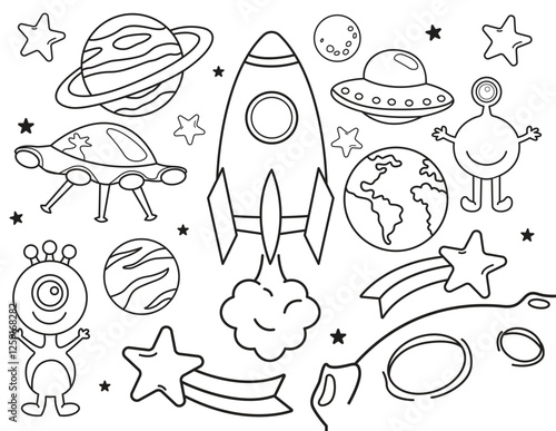Outer Space Object and Symbols Outline Clipart