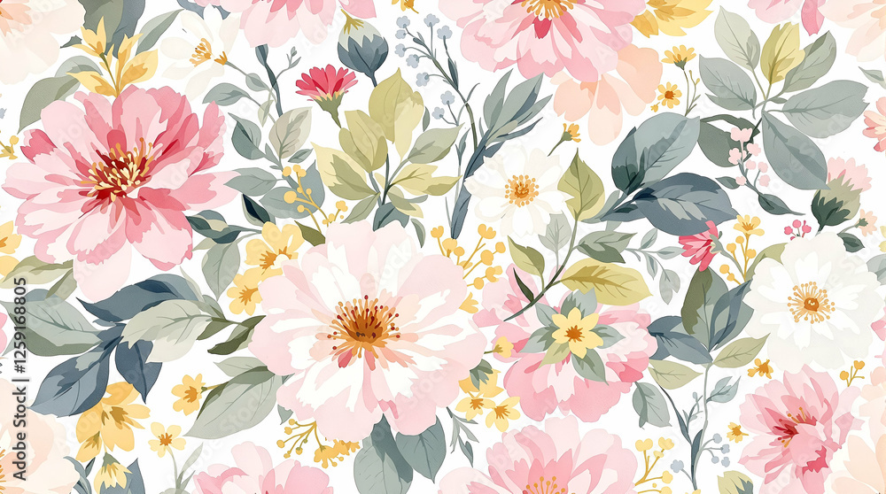 Obraz premium Vibrant Floral Pattern with Pink, Yellow, and White Flowers and Green Leaves