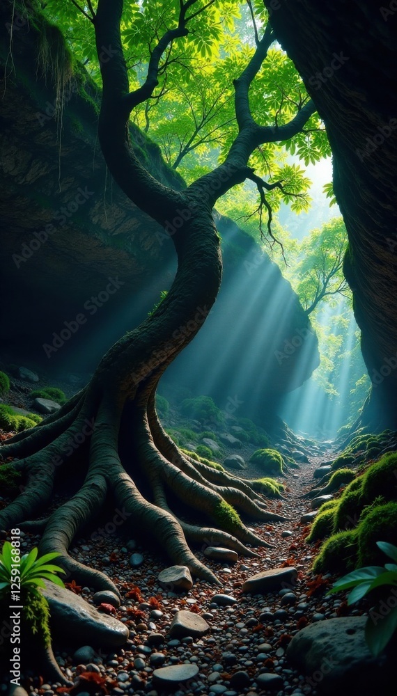 Fototapeta premium Twisted tree roots with dark, leafy growth in a dimly lit cave, lit, twisted, cave