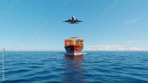 Cargo Ship and Airplane over Ocean