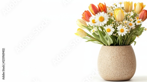 Wallpaper Mural Isolated white background. A beautiful vase filled with colorful tulips and daisies, adding a fresh and vibrant touch to any space. Torontodigital.ca