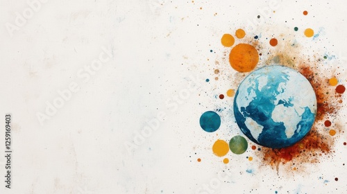 Isolated white background. A colorful artistic representation of the Earth surrounded by vibrant circles, set against a light background.