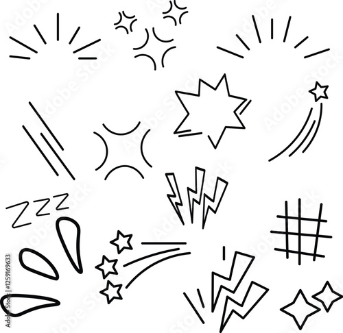 Set of black hand drawn anime manga doodle grunge line elements curved charcoal, chalk arrows, speech bubble, abstract shapes, graphic effects for character emotion. Scribble stroke symbols vector