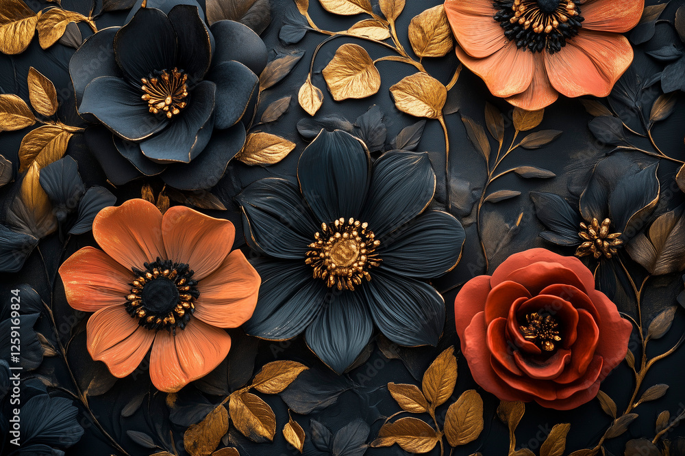 Fototapeta premium red and golden roses on a black background. dark mood background.