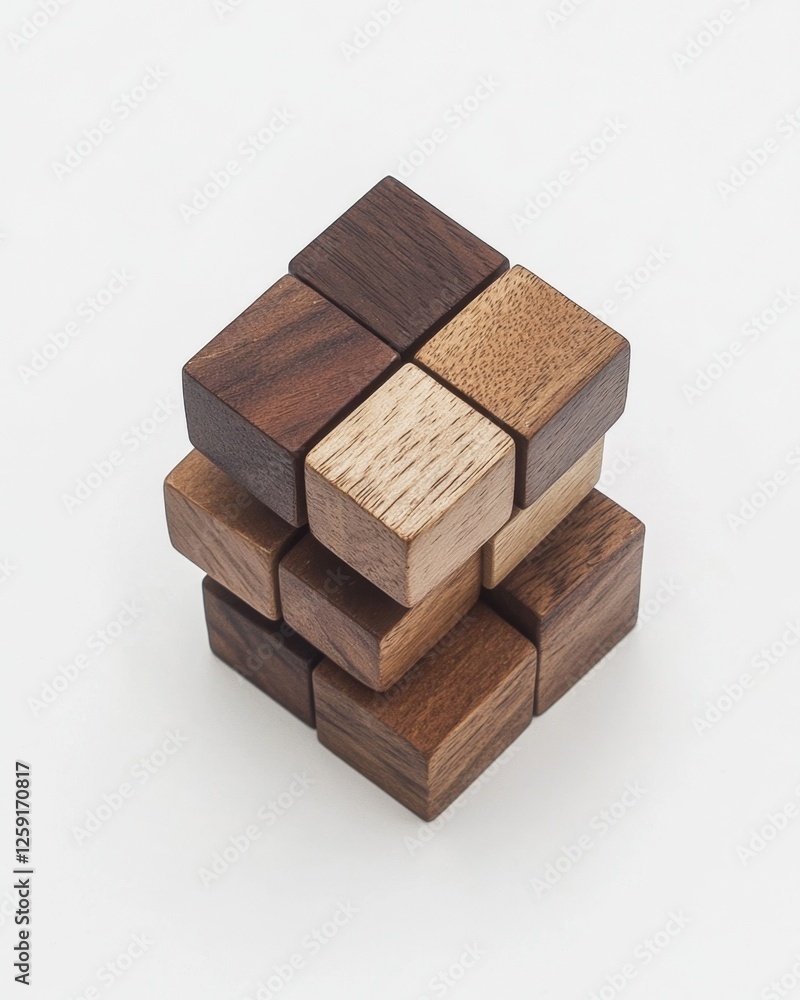Wooden puzzle cubes stacked, studio shot Wooden puzzle cubes stacked, studio shot