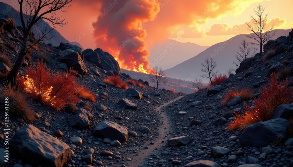 Inferno-ravaged landscape with rocky terrain and charred vegetation, rugged, smoldering, barren Inferno-ravaged landscape with rocky terrain and charred vegetation, rugged, smoldering, barren
