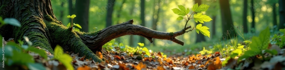 Obraz premium Puzzled wooden tree branch falls down on the forest floor, woodcut, leaf, branch
